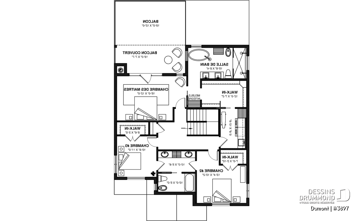 Étage - Plan de maison 3 à 6 chambres, grande suite des maîtres avec balcon privé, bureau, garde-manger, 2 foyers - Dumont