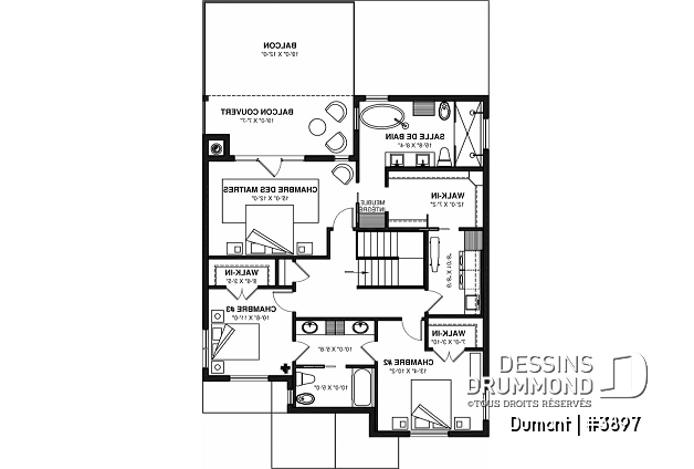 Étage - Plan de maison 3 à 6 chambres, grande suite des maîtres avec balcon privé, bureau, garde-manger, 2 foyers - Dumont