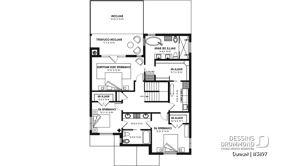 Étage - Plan de maison 3 à 6 chambres, grande suite des maîtres avec balcon privé, bureau, garde-manger, 2 foyers - Dumont