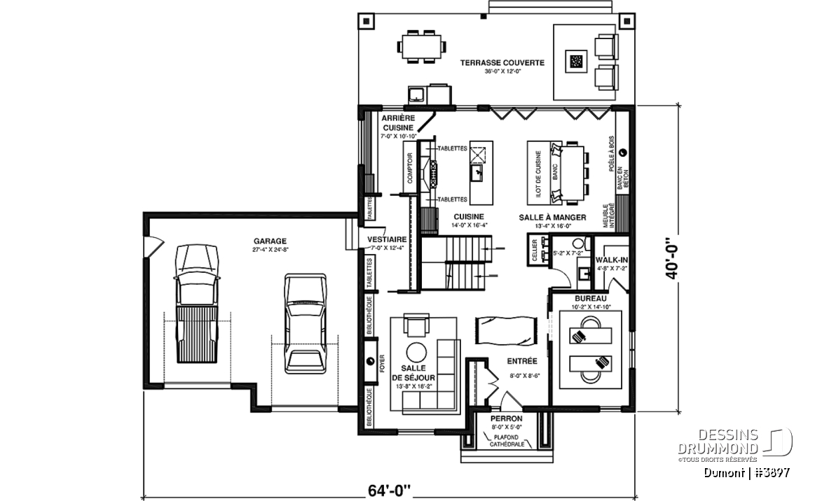 Rez-de-chaussée - Plan de maison 3 à 6 chambres, grande suite des maîtres avec balcon privé, bureau, garde-manger, 2 foyers - Dumont
