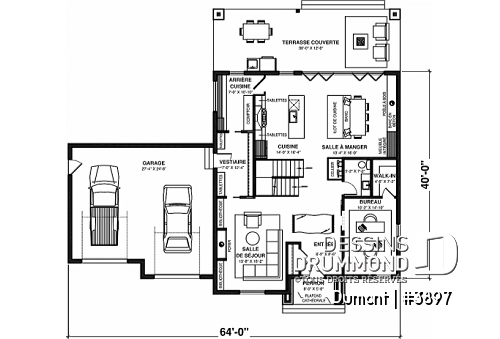 Rez-de-chaussée - Plan de maison 3 à 6 chambres, grande suite des maîtres avec balcon privé, bureau, garde-manger, 2 foyers - Dumont