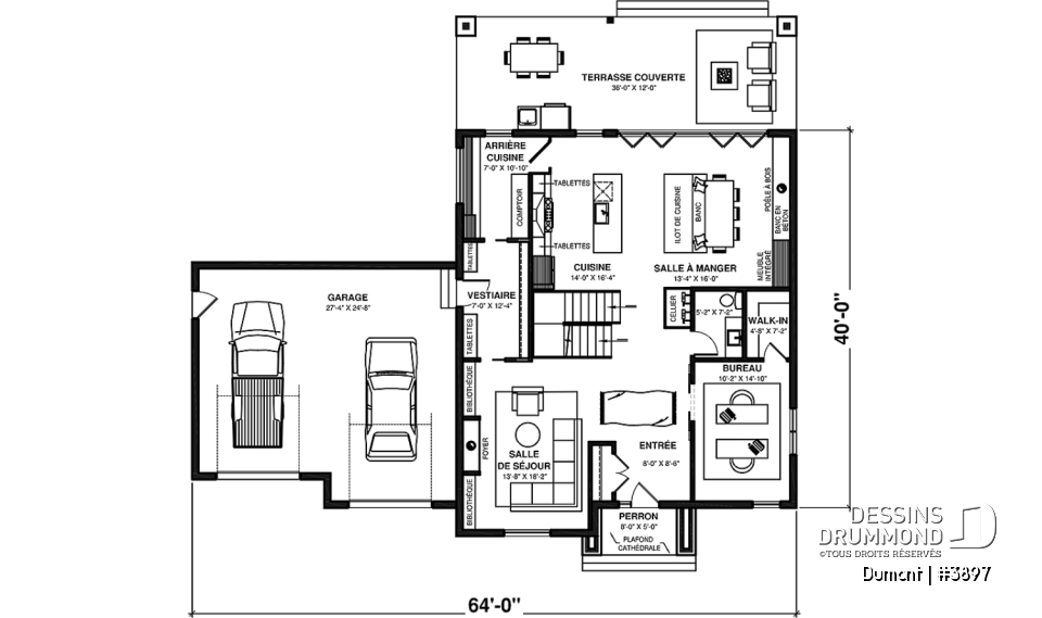 Rez-de-chaussée - Plan de maison 3 à 6 chambres, grande suite des maîtres avec balcon privé, bureau, garde-manger, 2 foyers - Dumont