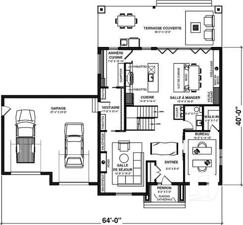 Rez-de-chaussée - Plan de maison 3 à 6 chambres, grande suite des maîtres avec balcon privé, bureau, garde-manger, 2 foyers - Dumont