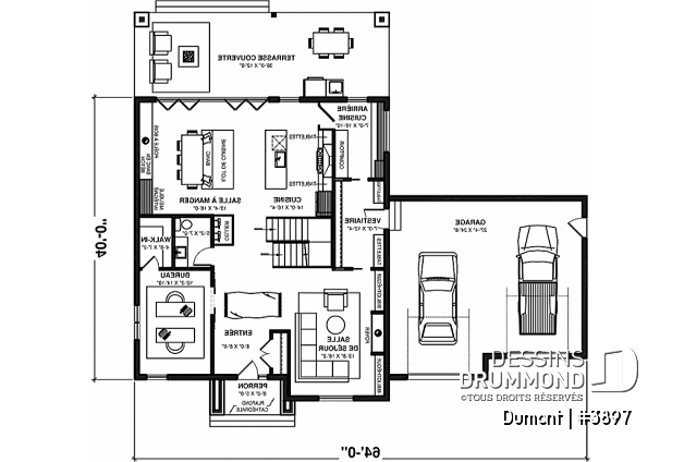 Rez-de-chaussée - Plan de maison 3 à 6 chambres, grande suite des maîtres avec balcon privé, bureau, garde-manger, 2 foyers - Dumont