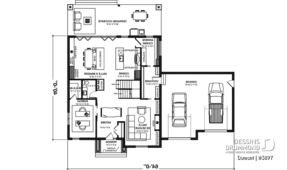 Rez-de-chaussée - Plan de maison 3 à 6 chambres, grande suite des maîtres avec balcon privé, bureau, garde-manger, 2 foyers - Dumont