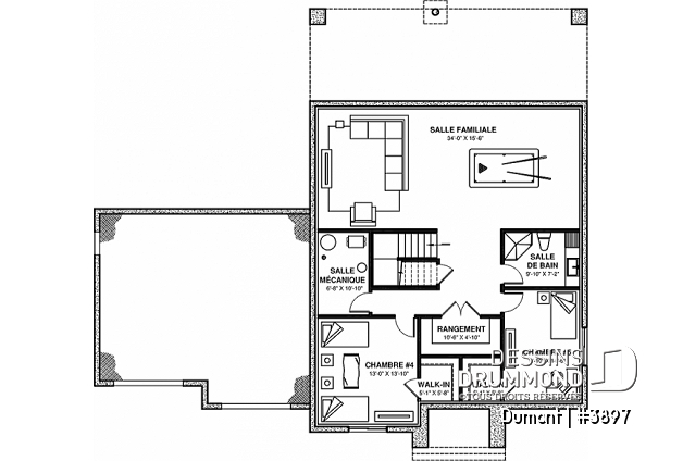 Sous-sol - Plan de maison 3 à 6 chambres, grande suite des maîtres avec balcon privé, bureau, garde-manger, 2 foyers - Dumont