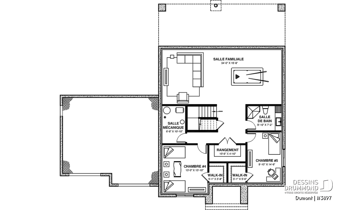 Sous-sol aménagé - Plan de maison 3 à 6 chambres, grande suite des maîtres avec balcon privé, bureau, garde-manger, 2 foyers - Dumont