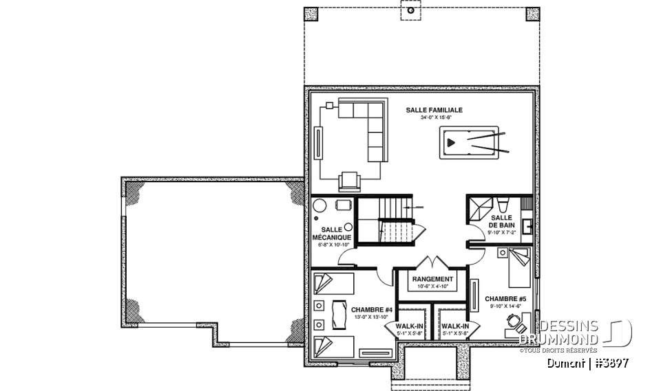Sous-sol aménagé - Plan de maison 3 à 6 chambres, grande suite des maîtres avec balcon privé, bureau, garde-manger, 2 foyers - Dumont