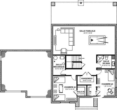 Sous-sol aménagé - Plan de maison 3 à 6 chambres, grande suite des maîtres avec balcon privé, bureau, garde-manger, 2 foyers - Dumont
