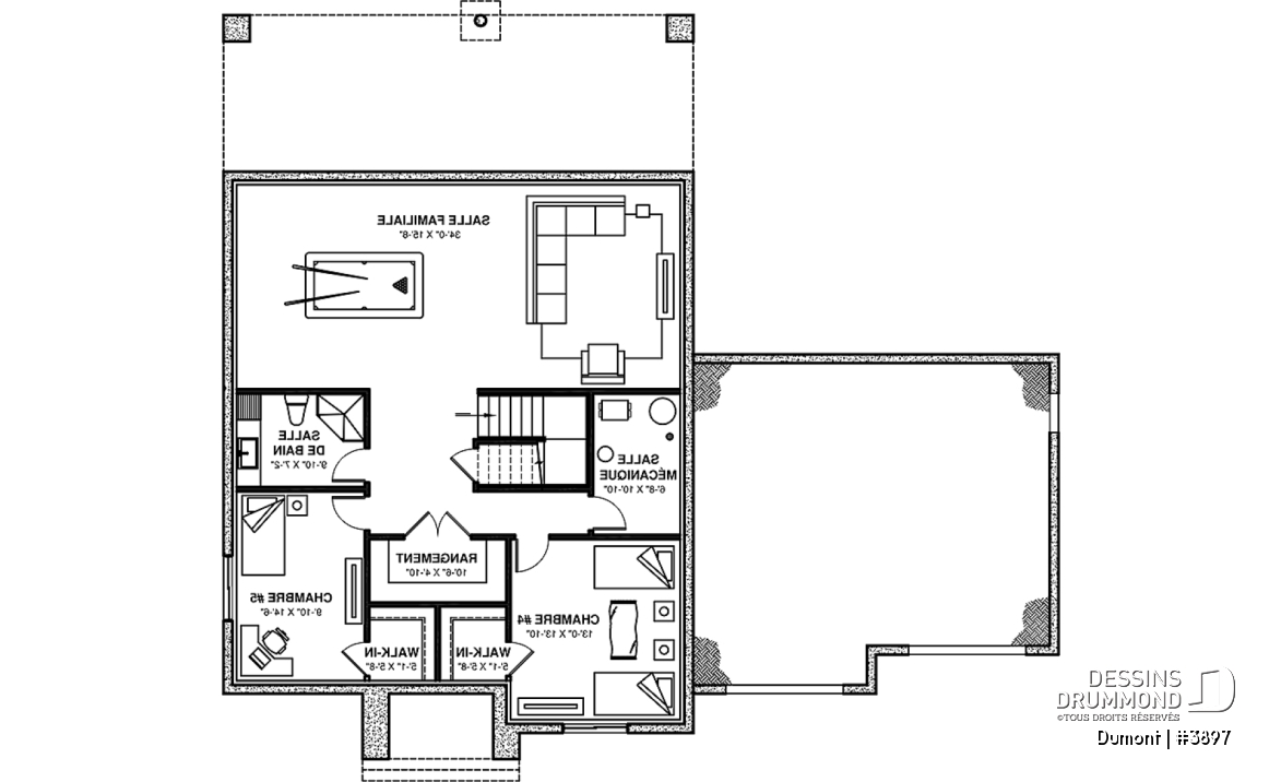 Sous-sol aménagé - Plan de maison 3 à 6 chambres, grande suite des maîtres avec balcon privé, bureau, garde-manger, 2 foyers - Dumont