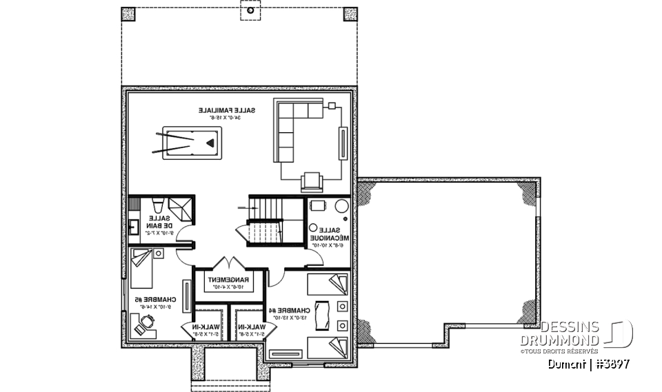Sous-sol aménagé - Plan de maison 3 à 6 chambres, grande suite des maîtres avec balcon privé, bureau, garde-manger, 2 foyers - Dumont