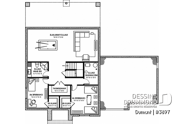 Sous-sol - Plan de maison 3 à 6 chambres, grande suite des maîtres avec balcon privé, bureau, garde-manger, 2 foyers - Dumont