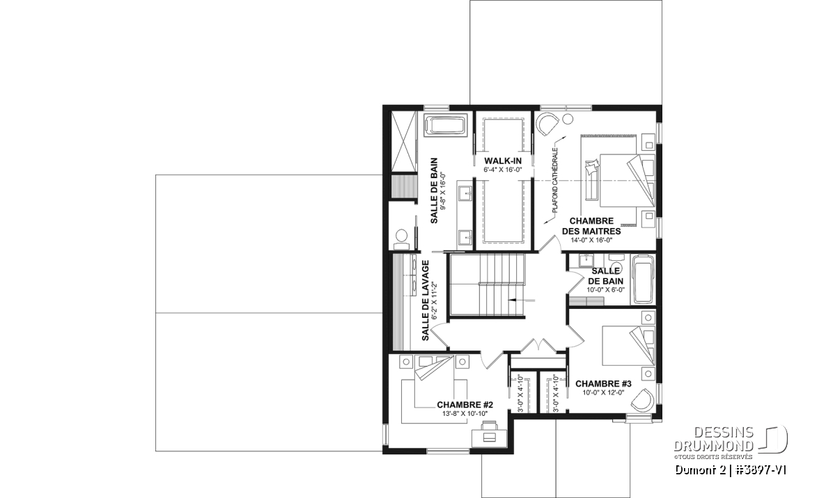 Étage - Plan de maison de style Farmhouse moderne proposant 3 chambres plus bureau, foyer, garde-manger et plus! - Dumont 2