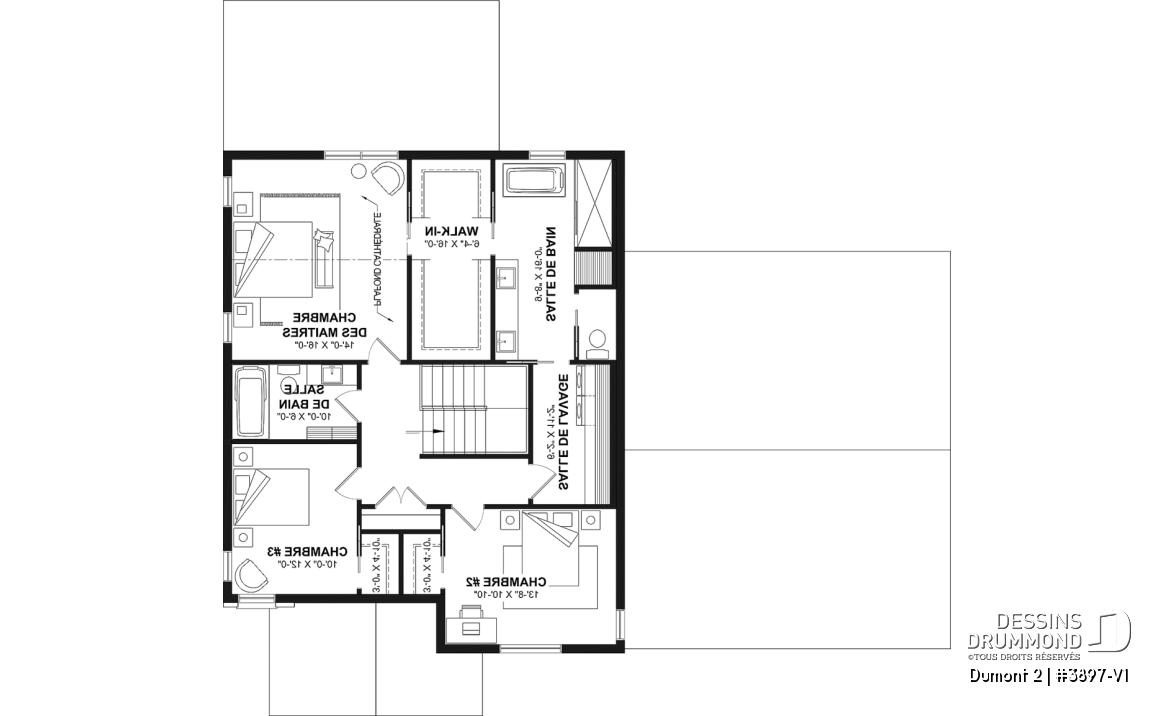Étage - Plan de maison de style Farmhouse moderne proposant 3 chambres plus bureau, foyer, garde-manger et plus! - Dumont 2