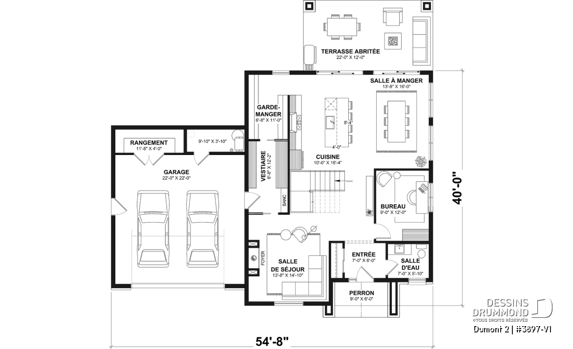 Rez-de-chaussée - Plan de maison de style Farmhouse moderne proposant 3 chambres plus bureau, foyer, garde-manger et plus! - Dumont 2
