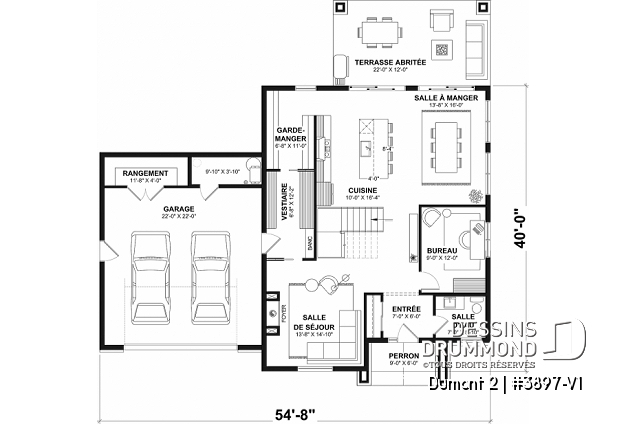 Rez-de-chaussée du plan de maison unifamiliale 3897-V1 Rez-de-chaussée - Plan de maison de style Farmhouse moderne proposant 3 chambres plus bureau, foyer, garde-manger et plus! - Dumont 2