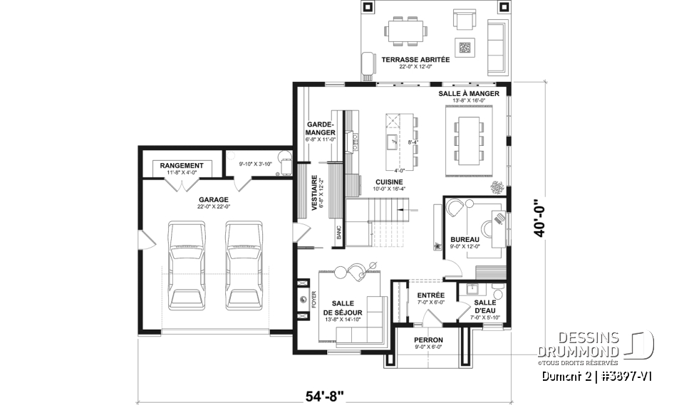 Rez-de-chaussée - Plan de maison de style Farmhouse moderne proposant 3 chambres plus bureau, foyer, garde-manger et plus! - Dumont 2