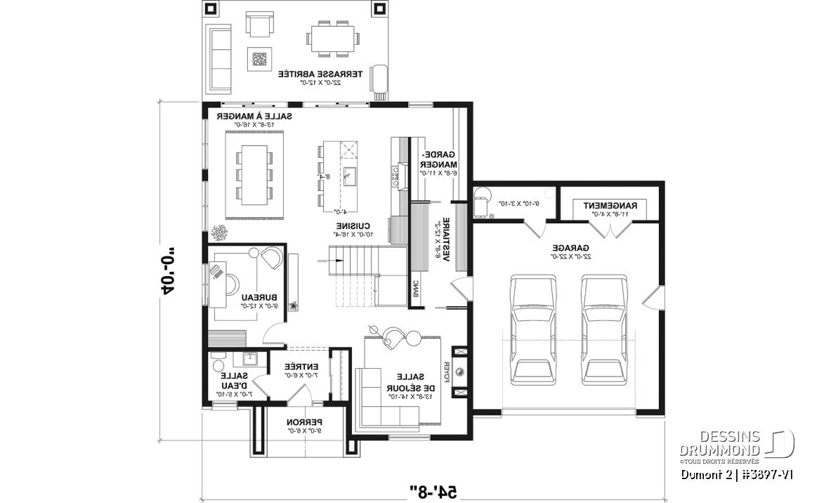 Rez-de-chaussée - Plan de maison de style Farmhouse moderne proposant 3 chambres plus bureau, foyer, garde-manger et plus! - Dumont 2