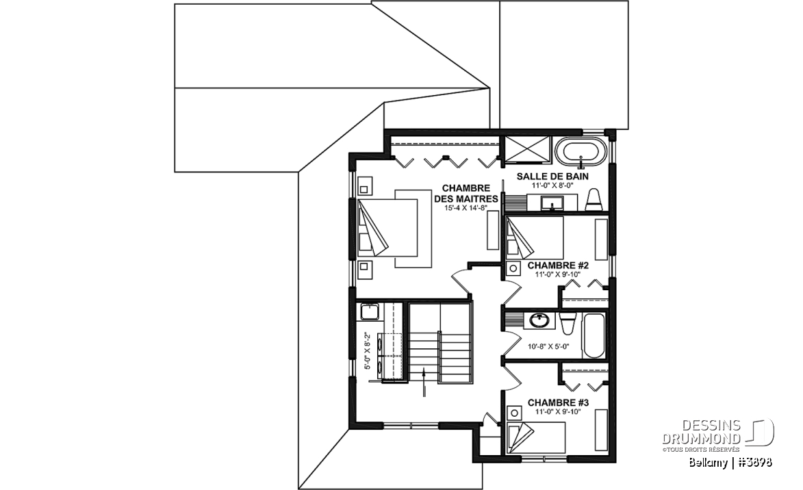 Étage - Plan de maison pour terrain en coin, 3 chambres, 2 salles de bain, vestiaire, garde-manger - Bellamy