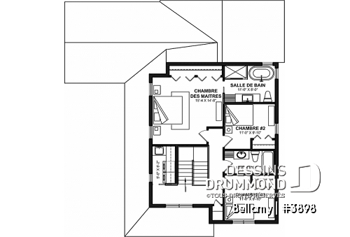 Étage - Plan de maison pour terrain en coin, 3 chambres, 2 salles de bain, vestiaire, garde-manger - Bellamy