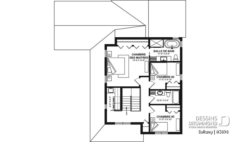 Étage - Plan de maison pour terrain en coin, 3 chambres, 2 salles de bain, vestiaire, garde-manger - Bellamy