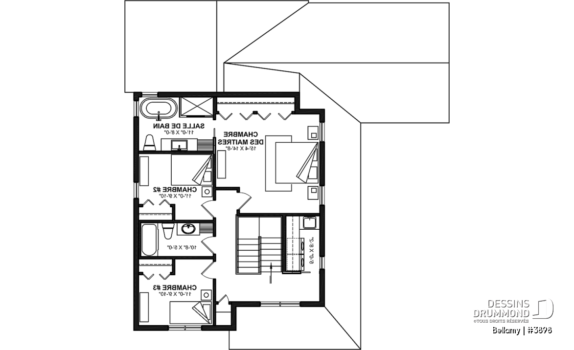Étage - Plan de maison pour terrain en coin, 3 chambres, 2 salles de bain, vestiaire, garde-manger - Bellamy