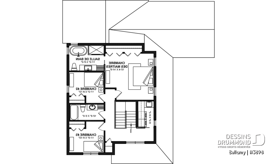 Étage - Plan de maison pour terrain en coin, 3 chambres, 2 salles de bain, vestiaire, garde-manger - Bellamy