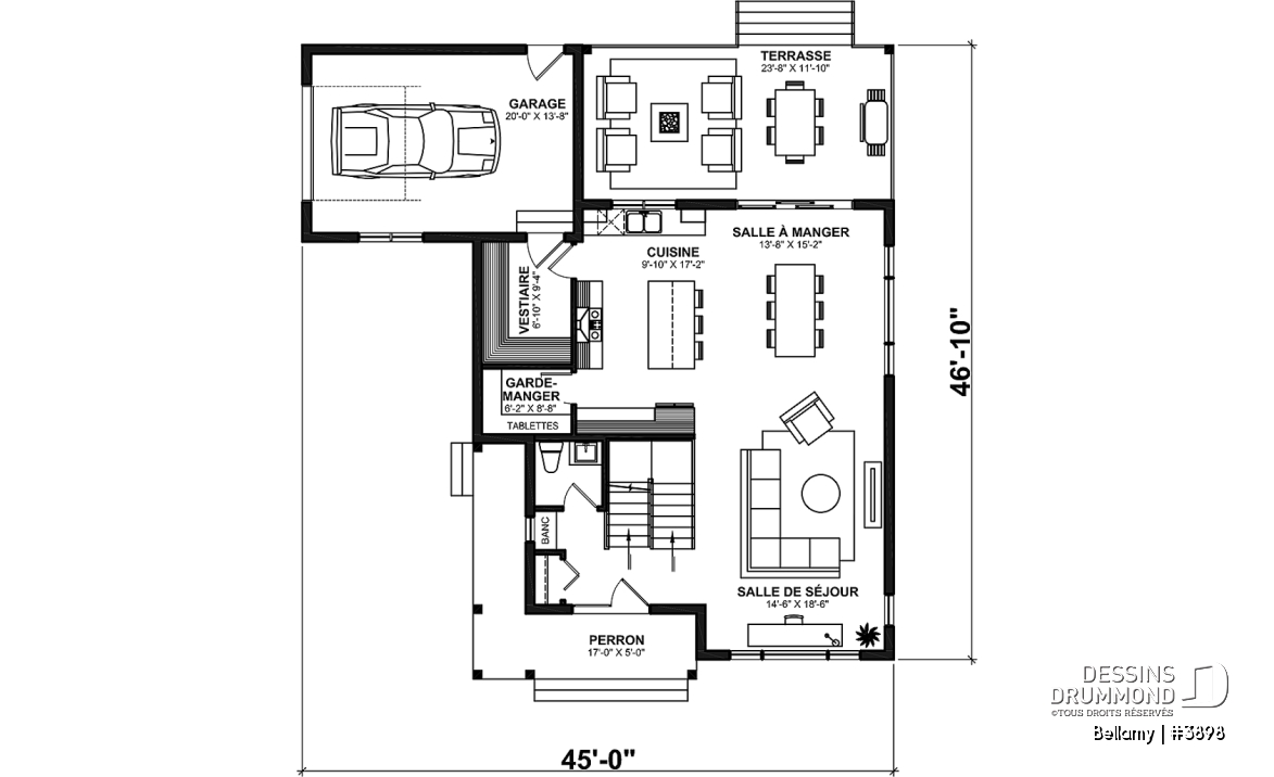 Rez-de-chaussée - Plan de maison pour terrain en coin, 3 chambres, 2 salles de bain, vestiaire, garde-manger - Bellamy