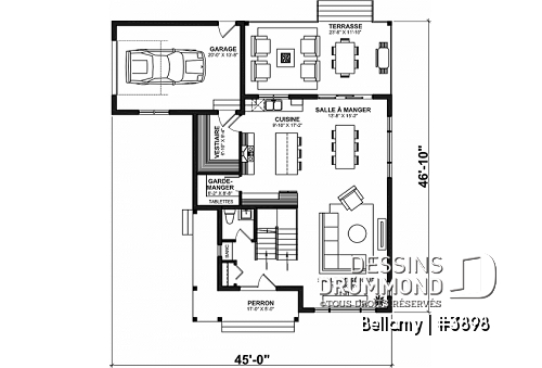Rez-de-chaussée - Plan de maison pour terrain en coin, 3 chambres, 2 salles de bain, vestiaire, garde-manger - Bellamy
