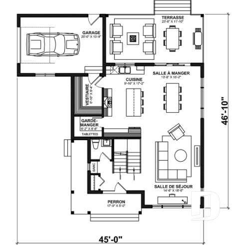 Rez-de-chaussée - Plan de maison pour terrain en coin, 3 chambres, 2 salles de bain, vestiaire, garde-manger - Bellamy