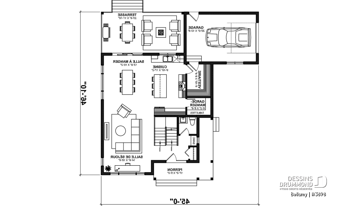 Rez-de-chaussée - Plan de maison pour terrain en coin, 3 chambres, 2 salles de bain, vestiaire, garde-manger - Bellamy