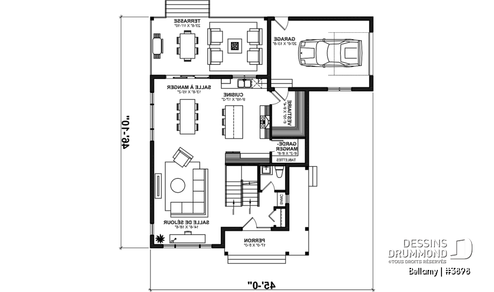 Rez-de-chaussée - Plan de maison pour terrain en coin, 3 chambres, 2 salles de bain, vestiaire, garde-manger - Bellamy