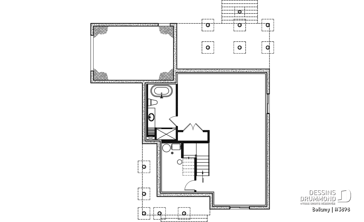 Sous-sol - Plan de maison pour terrain en coin, 3 chambres, 2 salles de bain, vestiaire, garde-manger - Bellamy