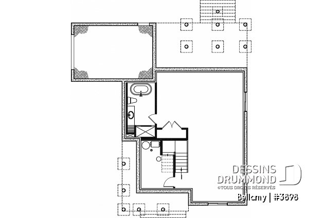Sous-sol - Plan de maison pour terrain en coin, 3 chambres, 2 salles de bain, vestiaire, garde-manger - Bellamy