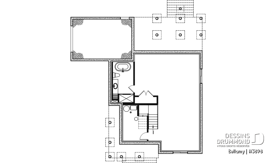 Sous-sol - Plan de maison pour terrain en coin, 3 chambres, 2 salles de bain, vestiaire, garde-manger - Bellamy
