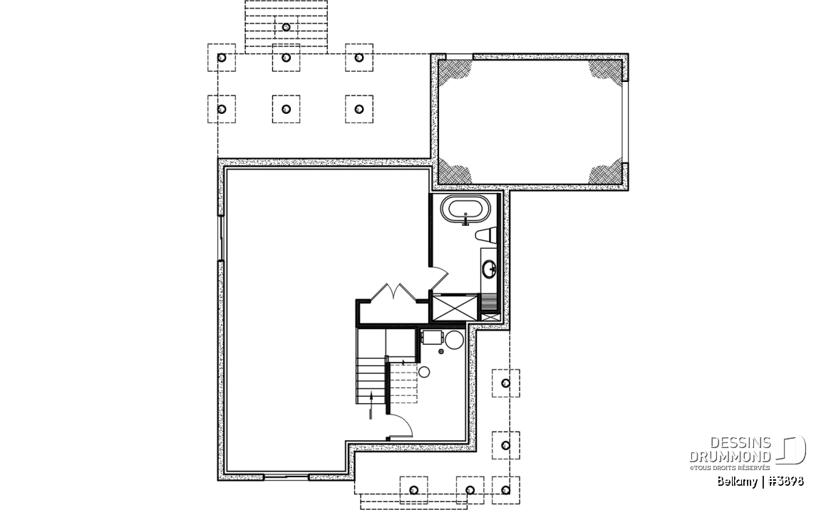 Sous-sol - Plan de maison pour terrain en coin, 3 chambres, 2 salles de bain, vestiaire, garde-manger - Bellamy