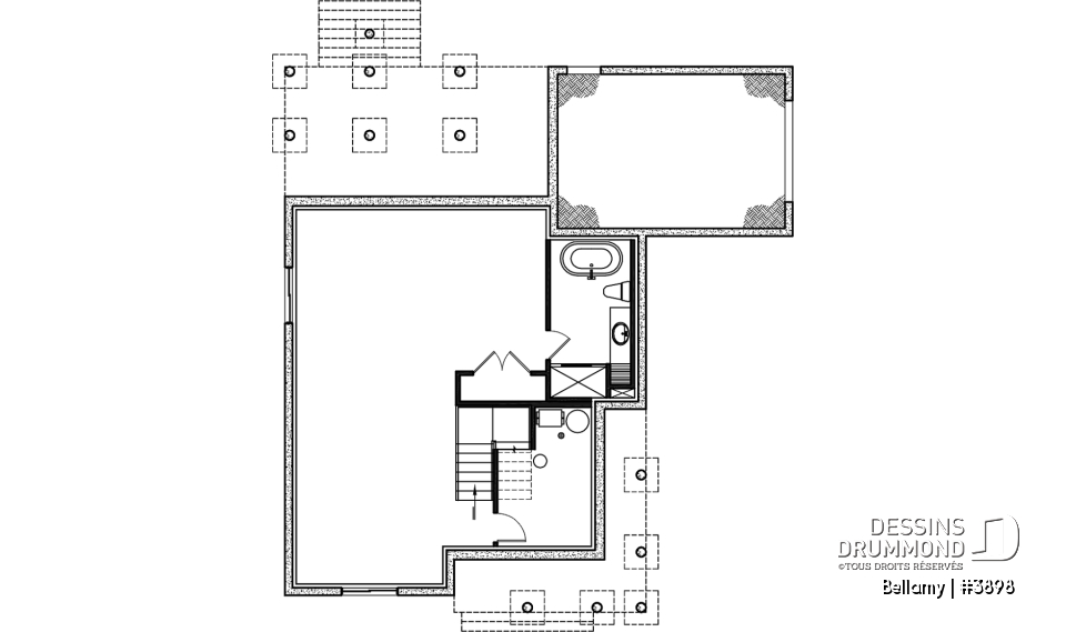 Sous-sol - Plan de maison pour terrain en coin, 3 chambres, 2 salles de bain, vestiaire, garde-manger - Bellamy
