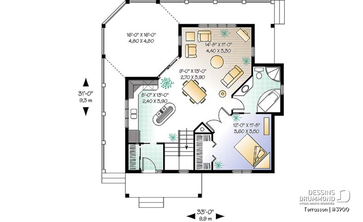 Rez-de-chaussée - Plan de chalet économique, possibilité jusqu'à 3 chambres (sous-sol en rez-de-jardin), grande terrasse abritée - Terrasson