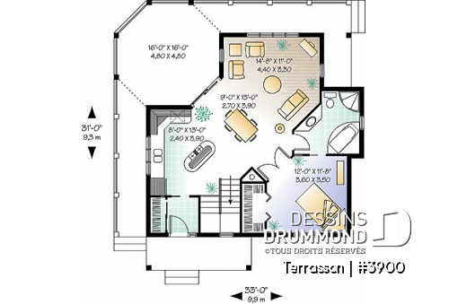 Rez-de-chaussée - Plan de chalet économique, possibilité jusqu'à 3 chambres (sous-sol en rez-de-jardin), grande terrasse abritée - Terrasson