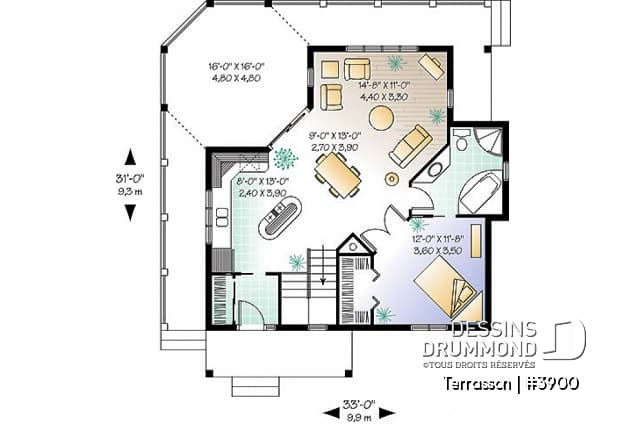 Rez-de-chaussée - Plan de chalet économique, possibilité jusqu'à 3 chambres (sous-sol en rez-de-jardin), grande terrasse abritée - Terrasson