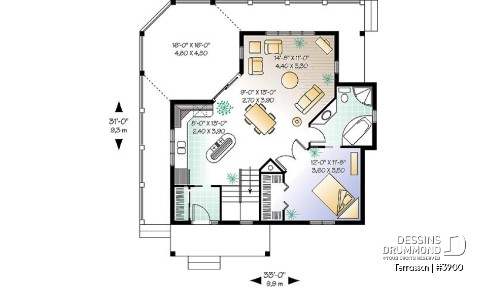 Rez-de-chaussée - Plan de chalet économique, possibilité jusqu'à 3 chambres (sous-sol en rez-de-jardin), grande terrasse abritée - Terrasson