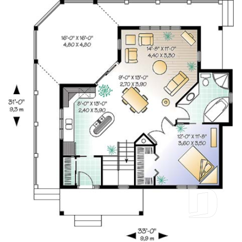 Rez-de-chaussée - Plan de chalet économique, possibilité jusqu'à 3 chambres (sous-sol en rez-de-jardin), grande terrasse abritée - Terrasson