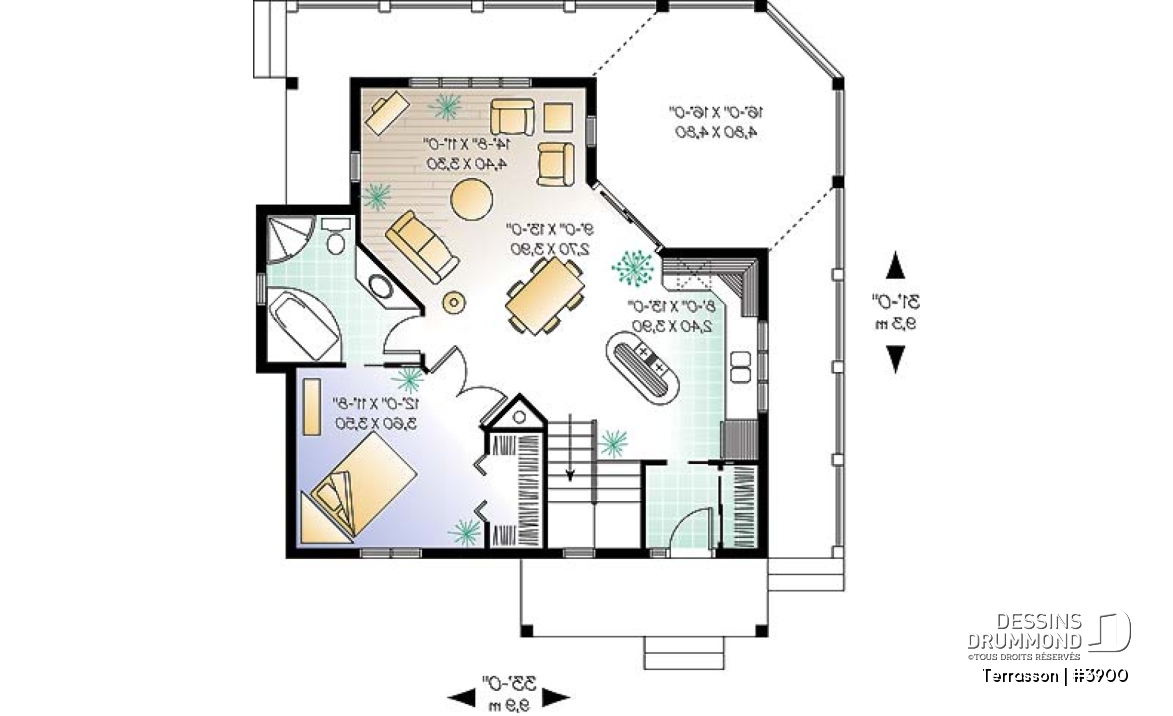 Rez-de-chaussée - Plan de chalet économique, possibilité jusqu'à 3 chambres (sous-sol en rez-de-jardin), grande terrasse abritée - Terrasson
