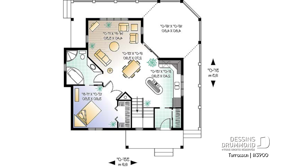 Rez-de-chaussée - Plan de chalet économique, possibilité jusqu'à 3 chambres (sous-sol en rez-de-jardin), grande terrasse abritée - Terrasson