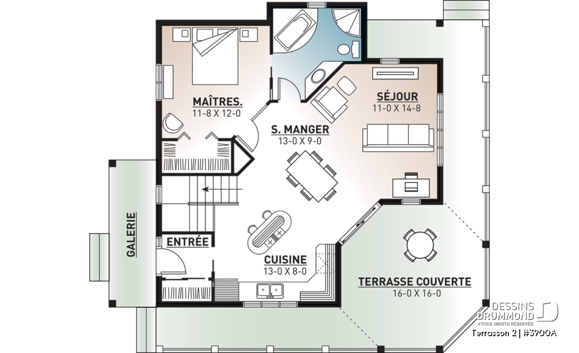 Rez-de-chaussée - Plan de chalet budgétaire, fenêtrage abondant, cuisine fonctionnelle avec îlot, espace ouvert - Terrasson 2