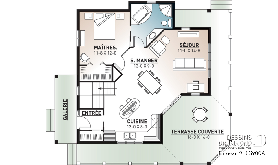 Rez-de-chaussée - Plan de chalet budgétaire, fenêtrage abondant, cuisine fonctionnelle avec îlot, espace ouvert - Terrasson 2