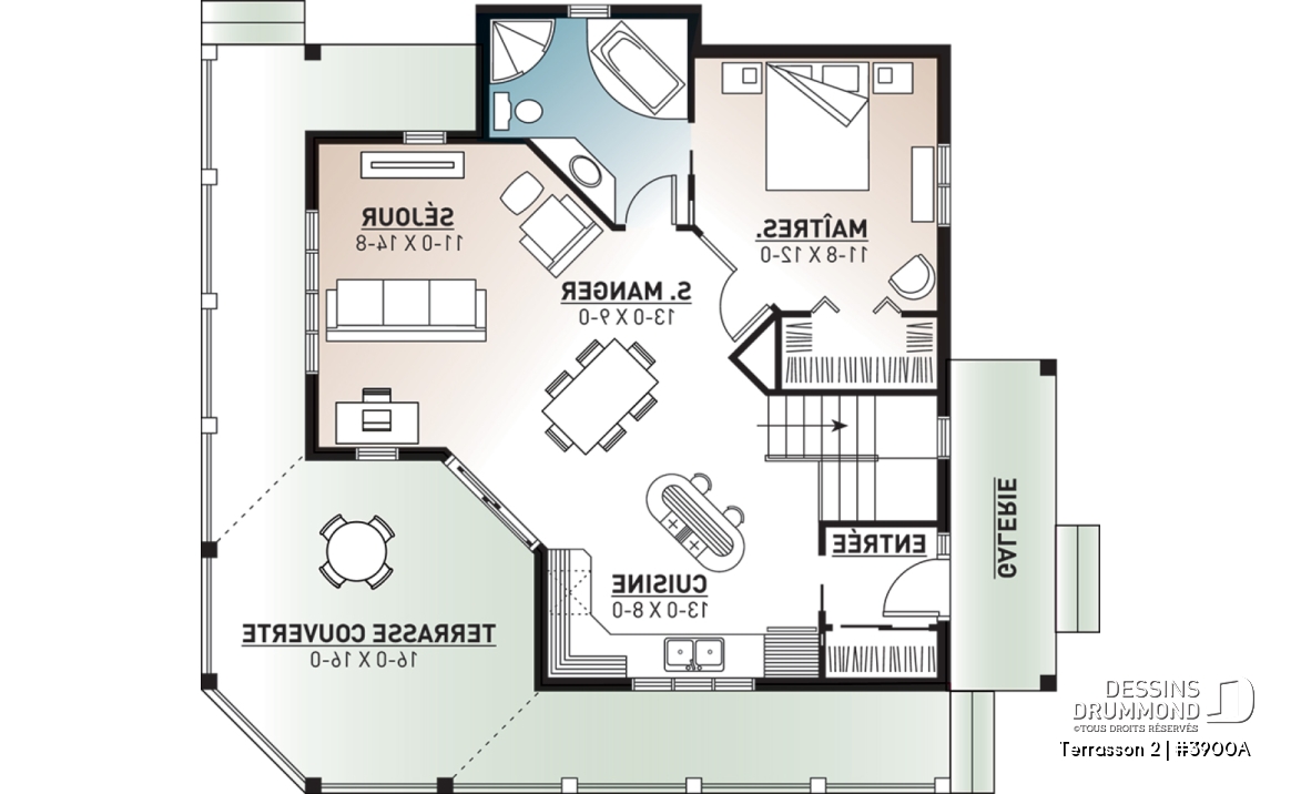Rez-de-chaussée - Plan de chalet budgétaire, fenêtrage abondant, cuisine fonctionnelle avec îlot, espace ouvert - Terrasson 2