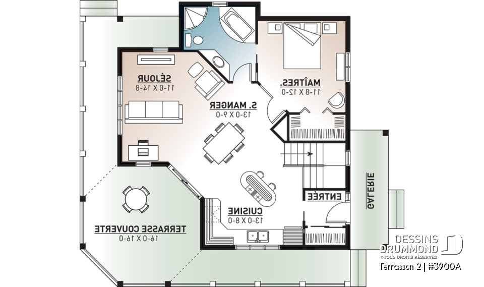 Rez-de-chaussée - Plan de chalet budgétaire, fenêtrage abondant, cuisine fonctionnelle avec îlot, espace ouvert - Terrasson 2