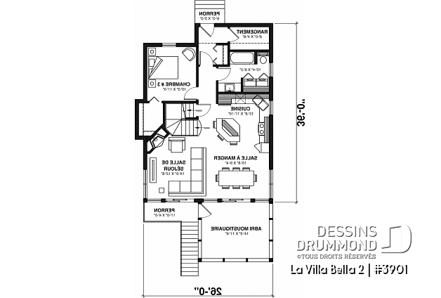 Rez-de-chaussée - Plan de chalet 4-saisons offrant abri moustiquaire, 3 chambres, vue panoramique & espace ouvert - La Villa Bella 2