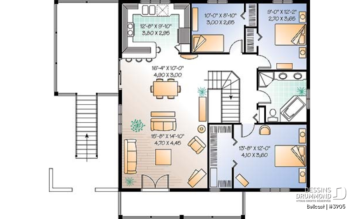 Étage - Plan de chalet, planchers inversés, 2 salon, bureau double, plafond 9', 3 à 4 chambres, grande terrasse - Bellcast